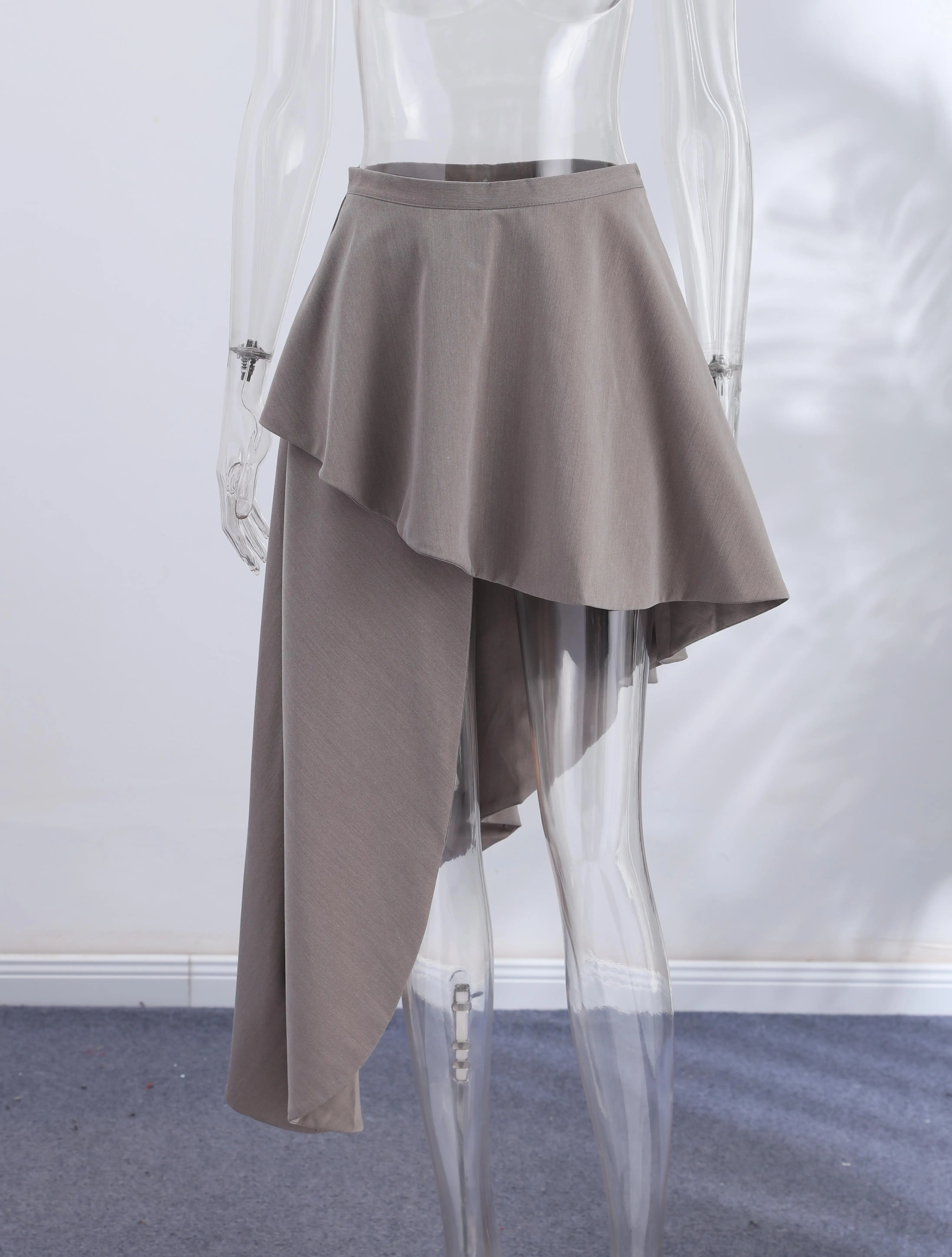 2026 Neue Damen Grauer Asymmetrischer Hochgeschnittener Midi-Rock mit Unregelmäßigem Saum Eleganter Frühling Sommer Pendler Streetstyle Kleidung – Detail 2