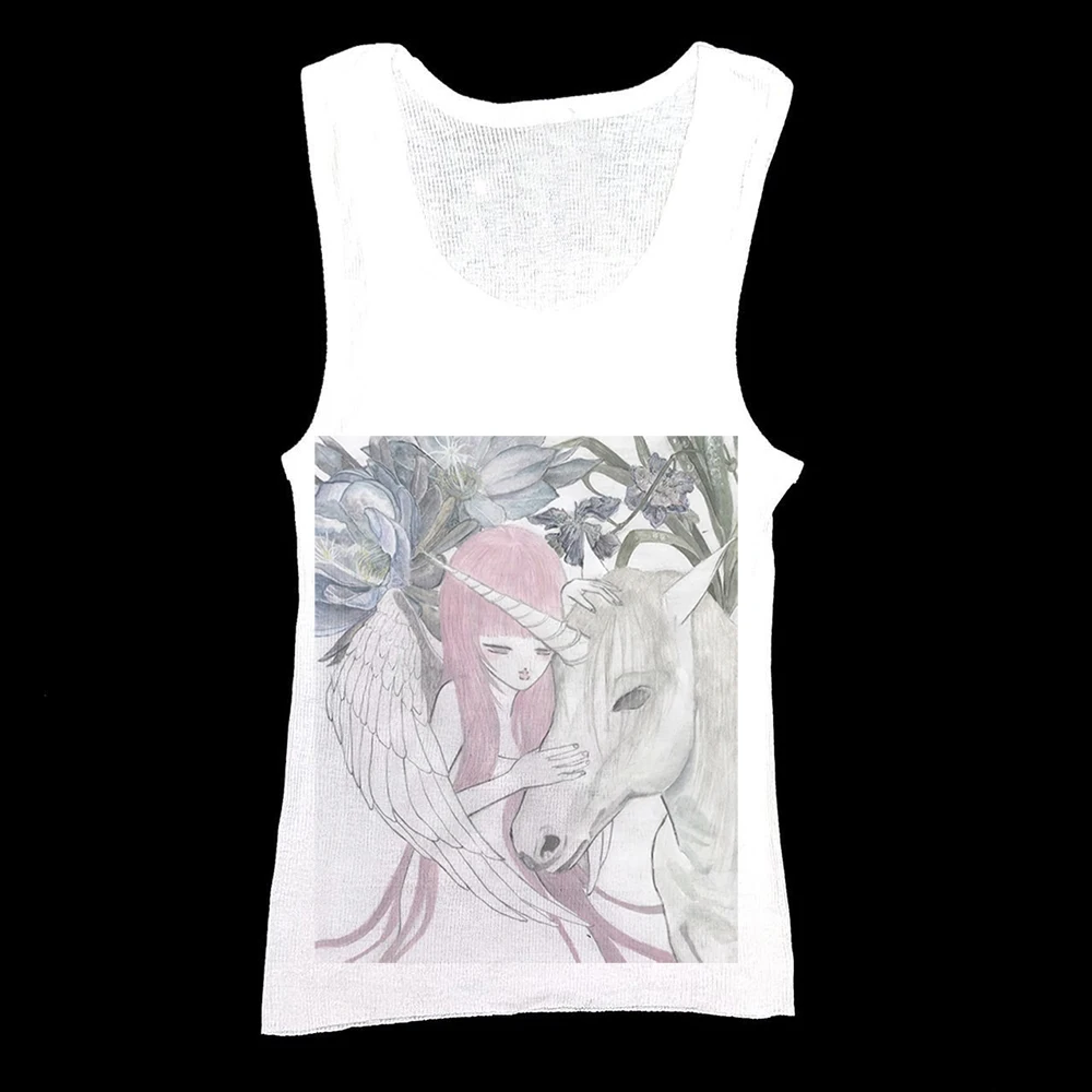 Dreamy Angel Girl Unicorn Floral Sketch Print Women Long Sleeve Top Round Neck Slim Fairy Grunge Y2K Harajuku Aesthetic Fitted T