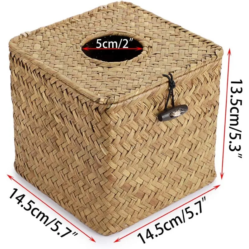 Square Seagrass Car Tissue Box Holder with Lid Woven Rustic Decor - view 3