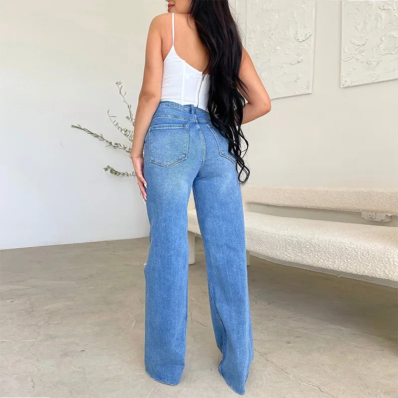 High Waist Hole Rough Edge Wide Leg Pants Jeans, Women's Spring and Autumn Street New Fashion Straight Make-old Long Jeans Y2k