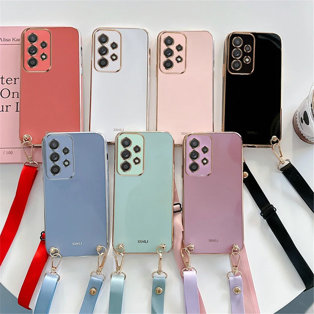 Lanyard Strap Phone Case For Samsung Galaxy A15 A05 A05S S24 Plus S24 Ultra Soft Silicone Electroplated Crossbody Necklace Cover