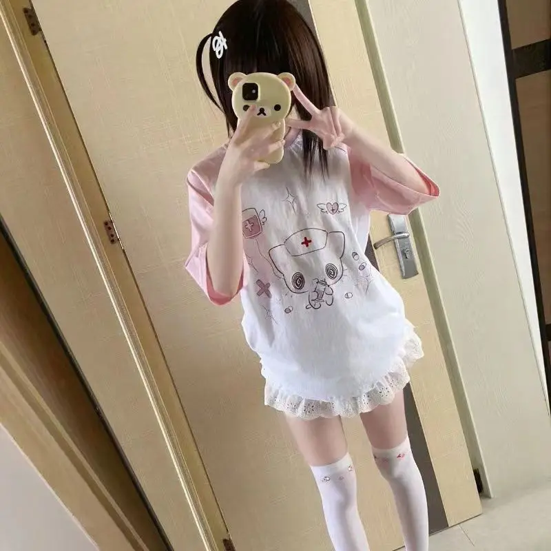 Japanese Grunge Loose Contrast Color Patchwork T-shirts Summer Casual Short Sleeve Tops Vintage Cartoon Print Y2k Aesthetic Tees