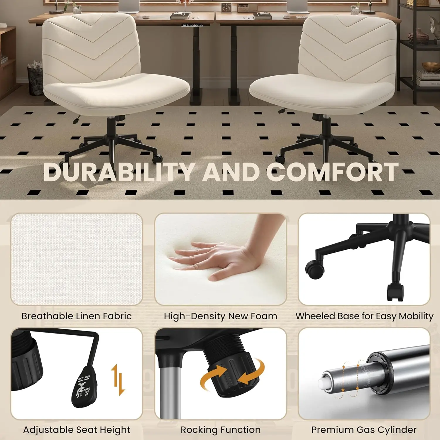 Chair with Wheels,Comfy Armless Cross Legged Office Desk Chair, Swivel Vanity Chair Computer Chairs for Home Office