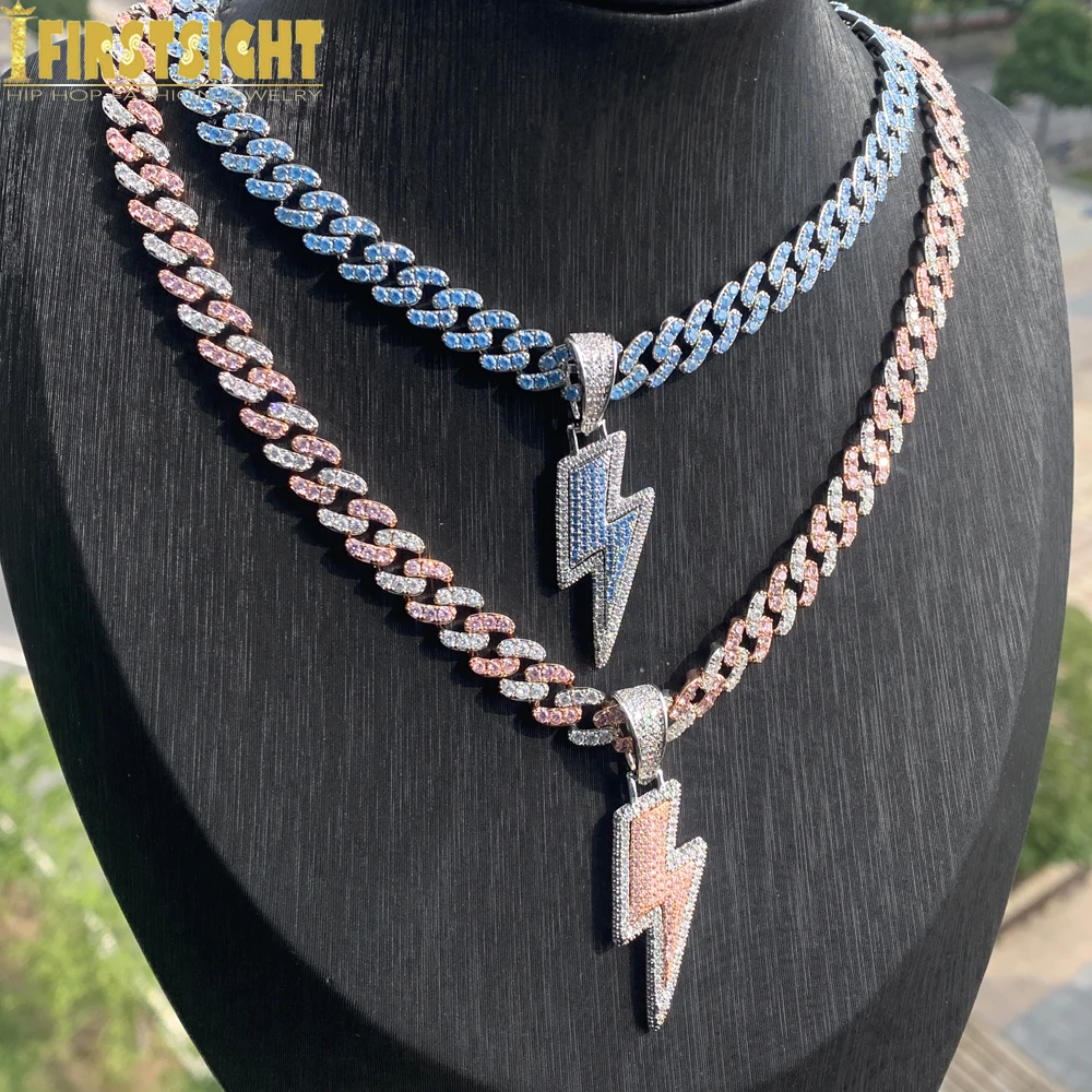 

New Iced Out Lightning Pendant Cuban Chain Necklace 9mm Bling Cubic Zircon Charm Men's Women Hip Hop Fashion Jewelry