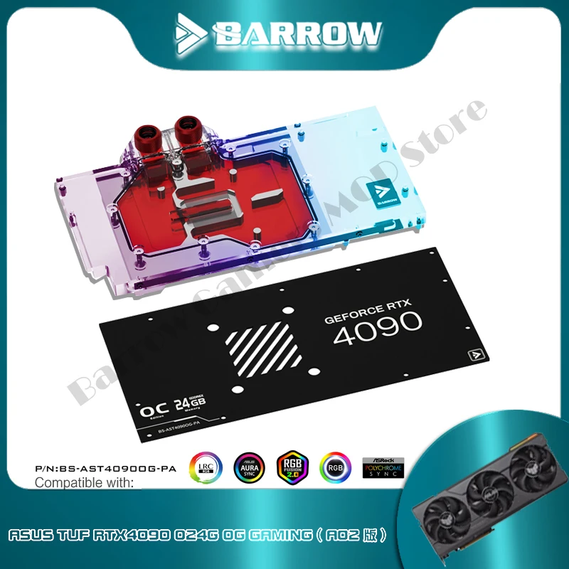 Barrow ASUS TUF 4090 A02 GPU Block Full Coverage Graphics Card Watercooler Radiator, 5V ARGB SYNC BS-AST4090OG-PA