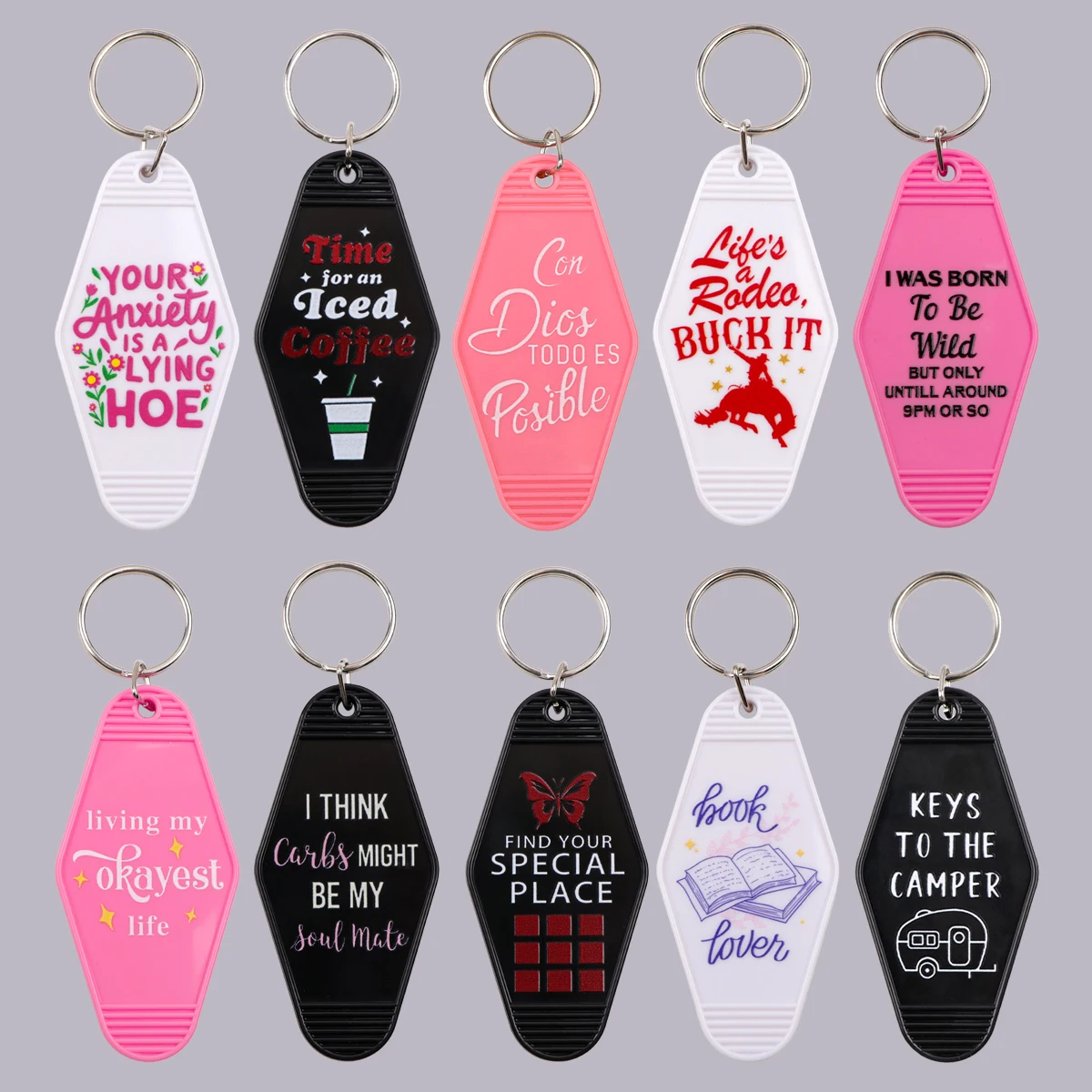 Retro Motel Shaped Key Tag Keychains Women Funny Quotes Print Plastic Keychain for Car Motorcycles Keys Keyring Men Jewelry Gift