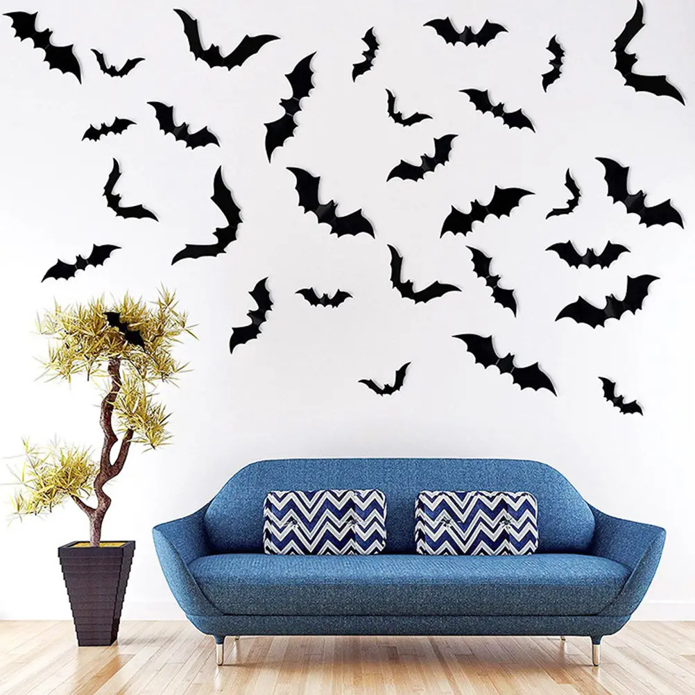 60Pcs Halloween Bats Stickers 3D Wall Decals Made of Premium Plastic Easy Apply Scary Festive Party Decor Indoor Halloween