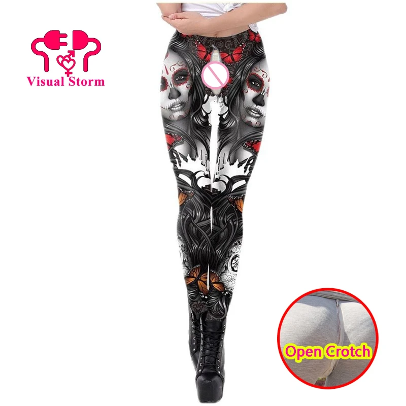

Open Cortch Leggings Women Personality Skull Digital Printing Push Up Ankle-Length Pants Gym Fitness Sporty Crotchless Clubwear