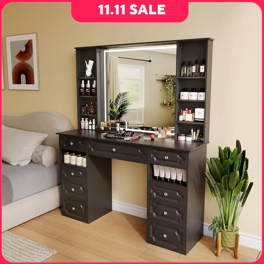 Dressers with Lighted Mirror,Huge desktop Makeup Vanity Table with 9 Drawers,European Style Vanity, Crystal Ball Knobs, Dressers