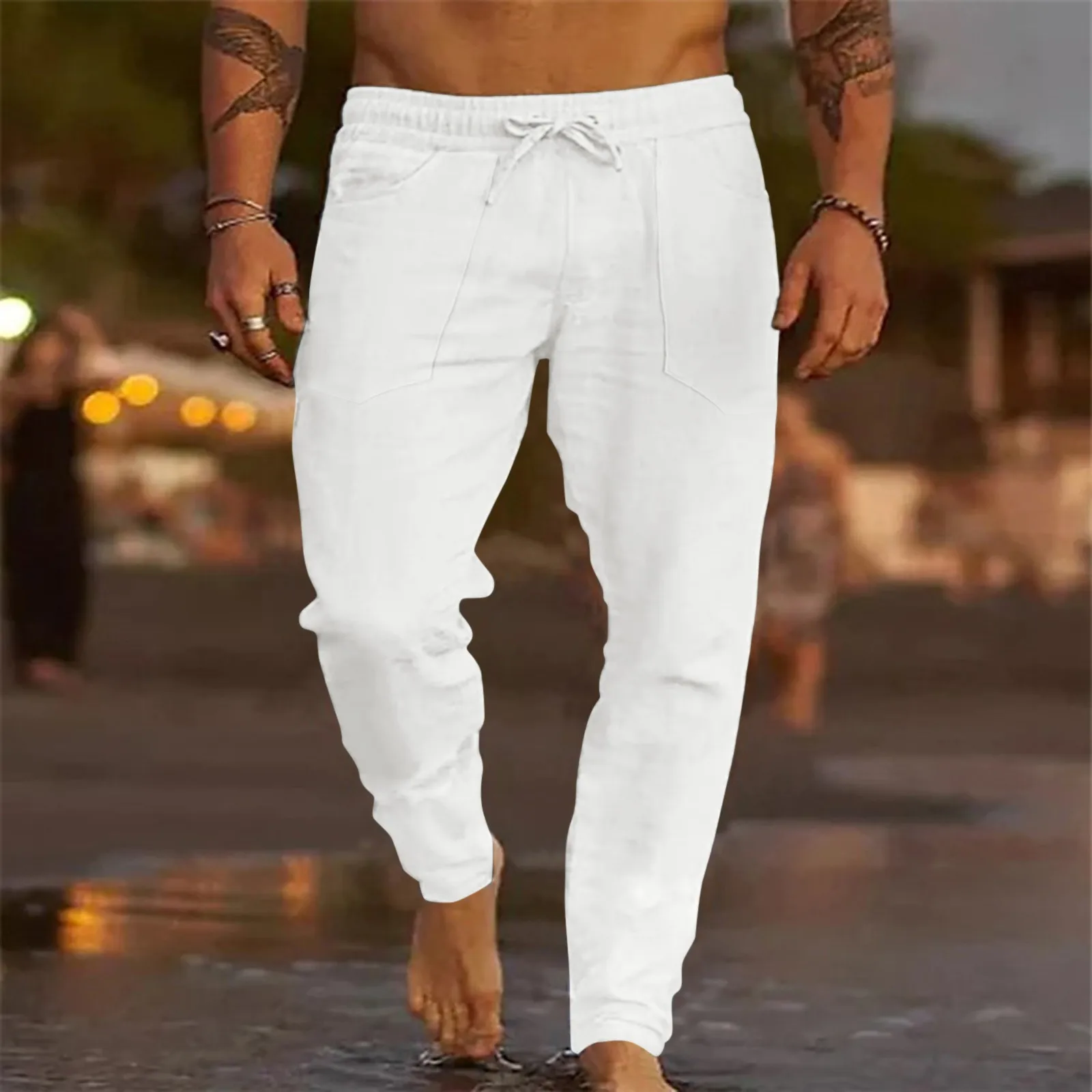 Pantalones de lino de algodón para hombre, ropa de calle transpirable, de chándal informal, Color sólido, otoño y primavera