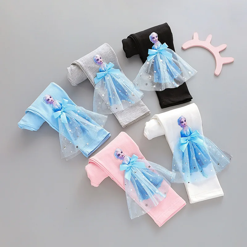 Disney Quality Cotton Girls Pants for Children Frozen Elsa Princess Long Pants Baby Girl Pink Blue Trouser Lace Kids Leggings