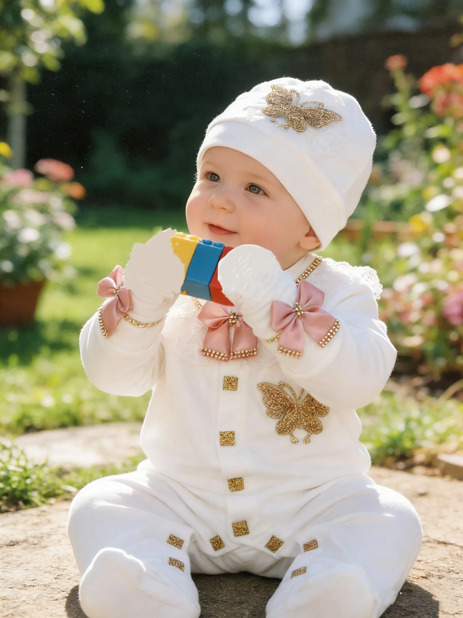Baby Girl Pink Gold Butterfly Set - Onesie Hat Shoes with Rhinestone & Bow