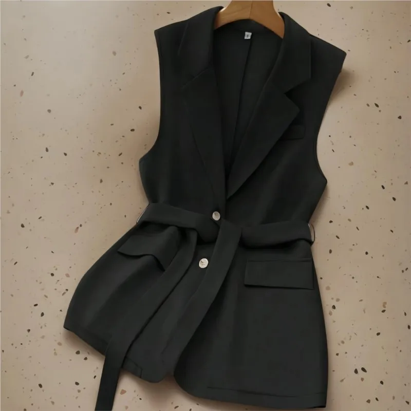 Women's Elegant Sleeveless Blazer Vest Spring Summer Fashion Solid Lapel Collar Jacket Coat Casual Loose Belt Suit Collar Vest