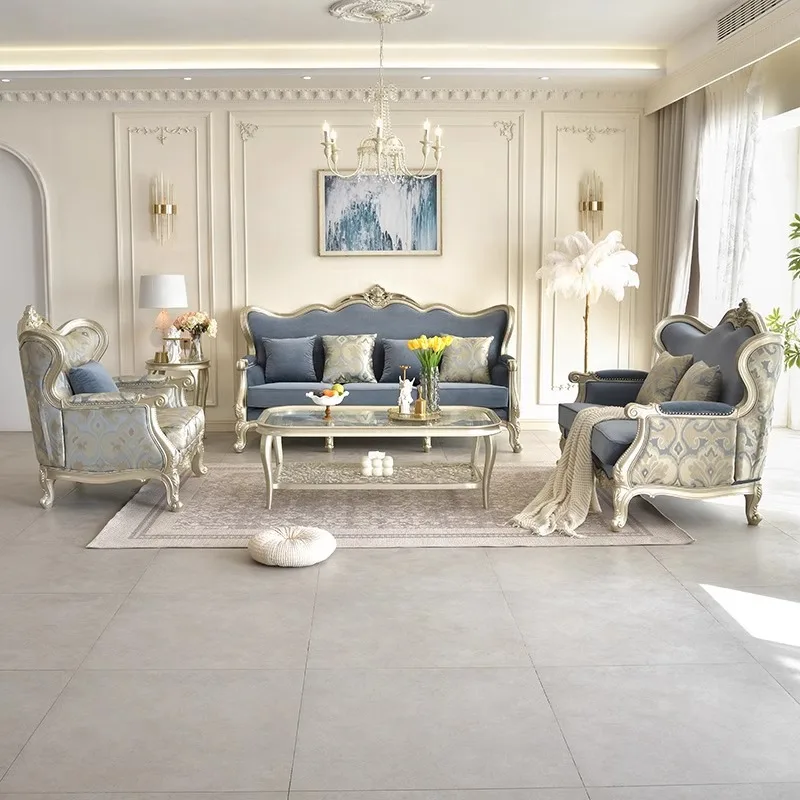 Light luxury solid wood leather sofa European court carving American high-end velvet fabric villa living room furniture