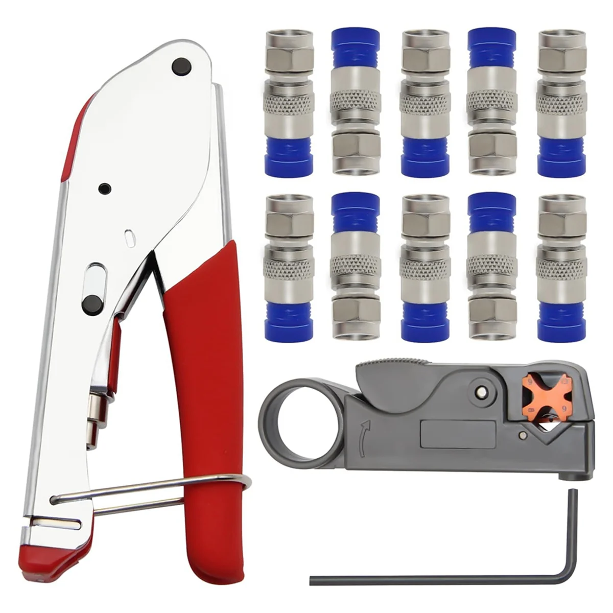 ABNJ COAX CABLE Crimper Kit สําหรับ RG59,RG6,COAXIAL CABLE Crimper และสาย Stripper 10PCS F RG6 ตัวเชื่อมต่อ