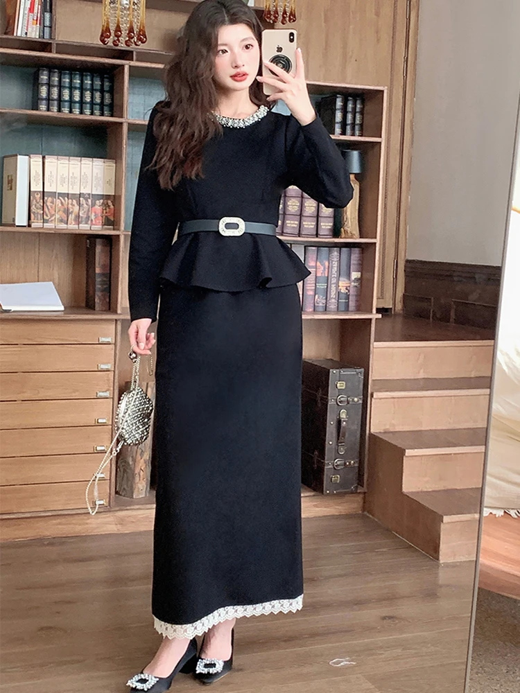 

France Elegant Spring Women Two Piece Sets Luxury Bead O-Neck Slim Belt Ruffles Tops + Bodycon Skirt Suits Female Outfits