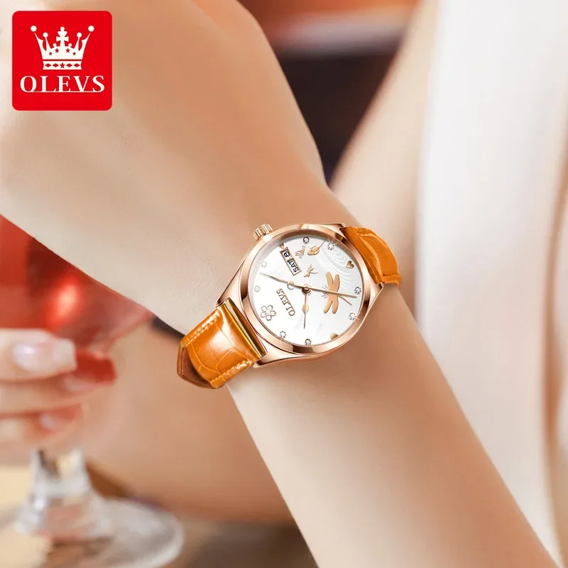 Olevs, reloj de vestir de lujo para mujer, pulsera informal para mujer, relojes mecánicos de cuero, reloj de moda, reloj femenino 6611