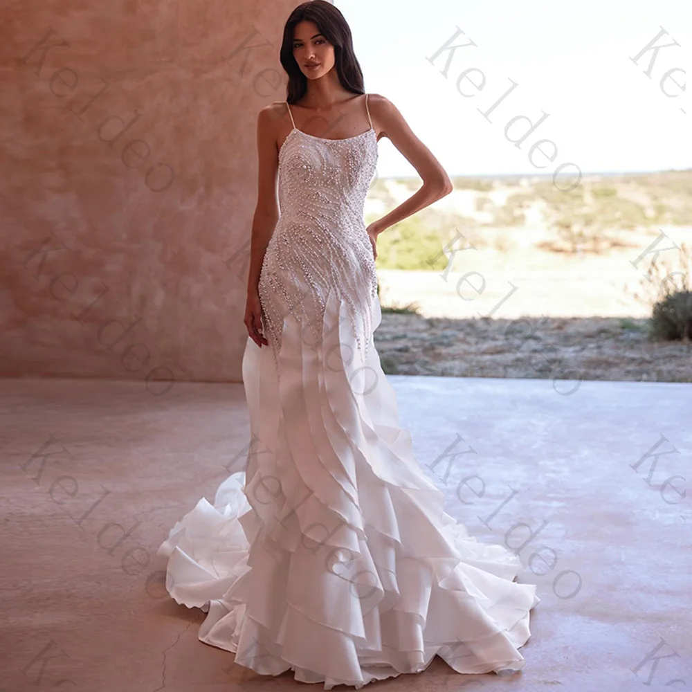 Customized Sexy Strapless Mermaid Sleeveless Spaghetti Wedding Dresses Ruffle Pearls Layered Open Back Floor‑Length Bridal Gowns