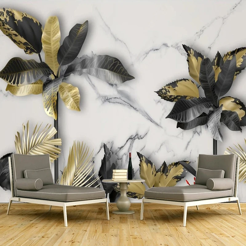 

Modern Nordic Style Leaves Golden Tropical Plants Mural Wallpaper Living Room Bedroom TV Background Wall Decor 3D Wall Cloth