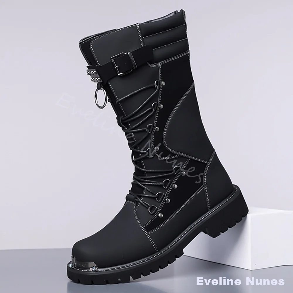 Men Black Brown Color Block Biker Boots Metal Toe Cap Rivet Buckle Strap Mid Calf Punk Combat Boots Thick Gothic Motorcycle Boot - view 5