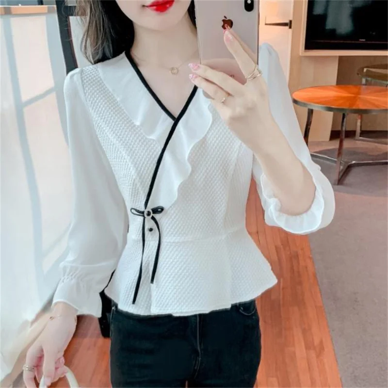 

Woman Spring Autumn Style Short Blouses Shirts Lady Long Sleeve V-Neck Ruffles Blusas Tops G2682