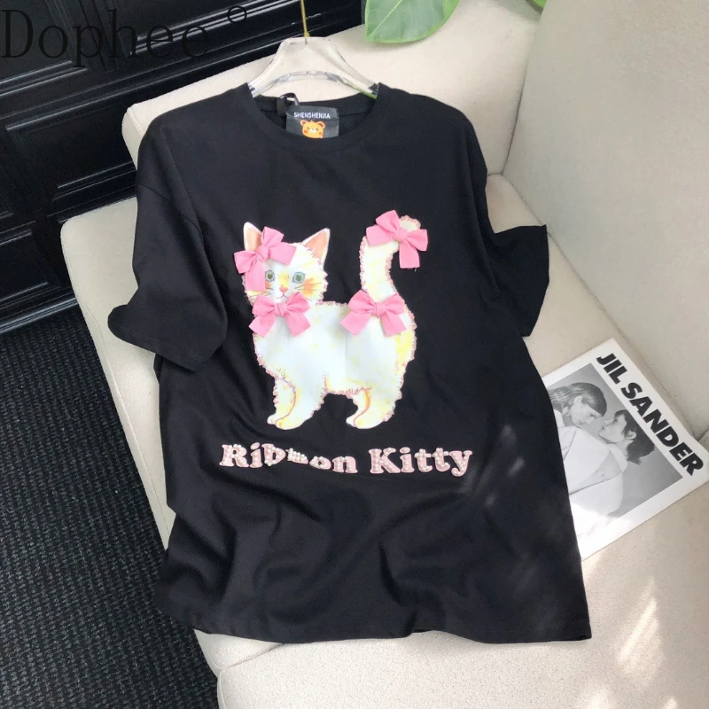 

2025 New Korea All-match Female Tshirts Cute Bow Beads Printed Loose Short Sleeve Tees Casual O-neck Pullovers Cotton Basic Top