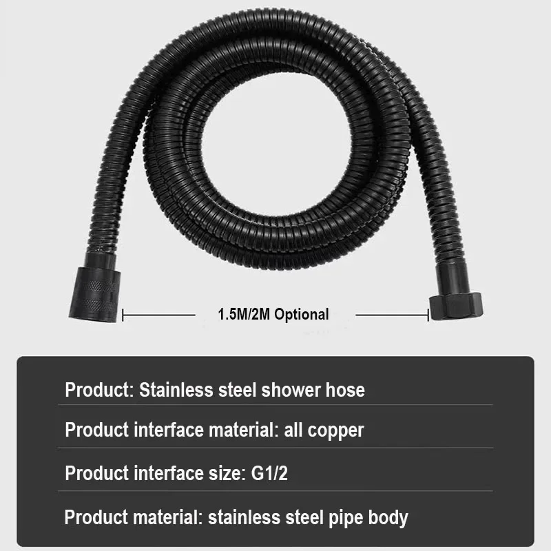 Tuyau de Douche Flexible en Acier Inoxydable, Long, Noir/Argent, Extension, Accessoires, Conduites d'Eau, 1.5/2m