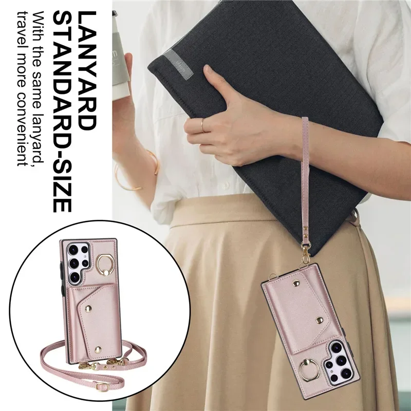 Crossbody Lanyard Leather Wallet Card Phone Case for Samsung Galaxy S24 S23 Ultra S22 Plus S21 FE A54 A14 A53 Note 20 Flip Cover