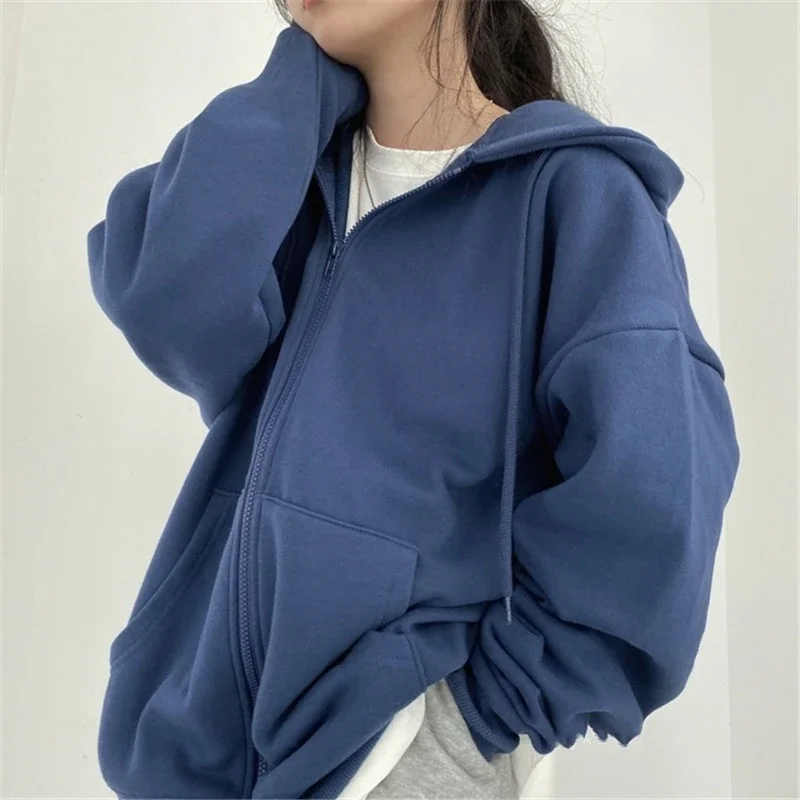 Korean Style Women Hoodies Harajuku Casual Loose Zip Up Hooded Jacket Long Sleeve Fleece Oversized Sweatshirt Coats Streetwear