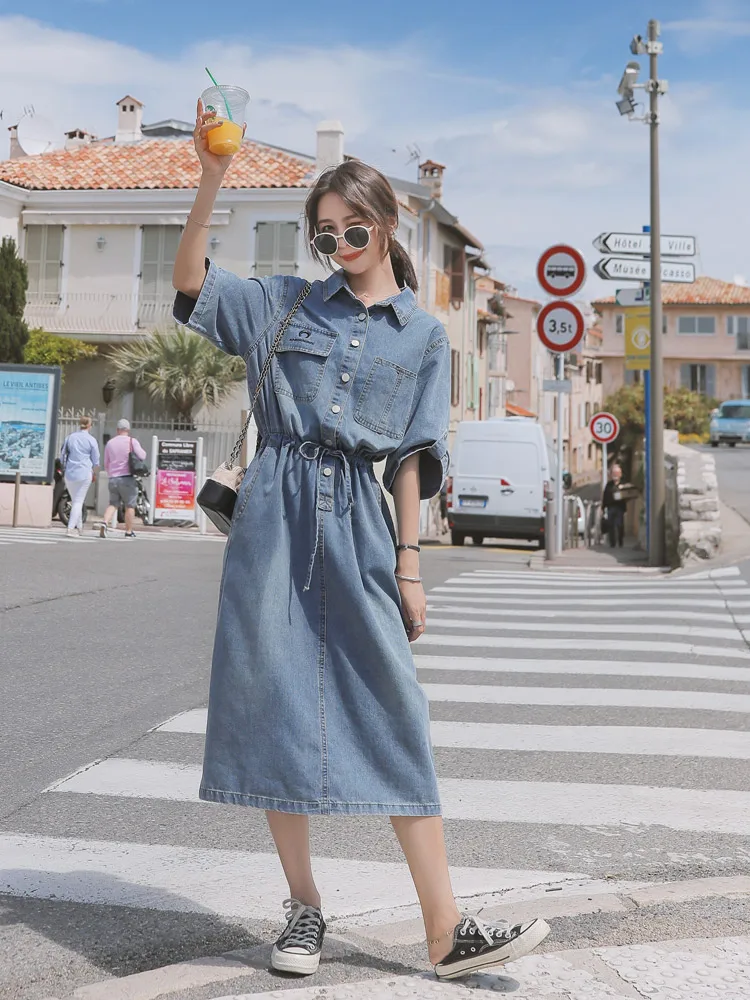 2023 New Fashion Summer Women Denim Dress Casual Women Loose Long Short Sleeve Lapel Single Breasted Pocket Dresses