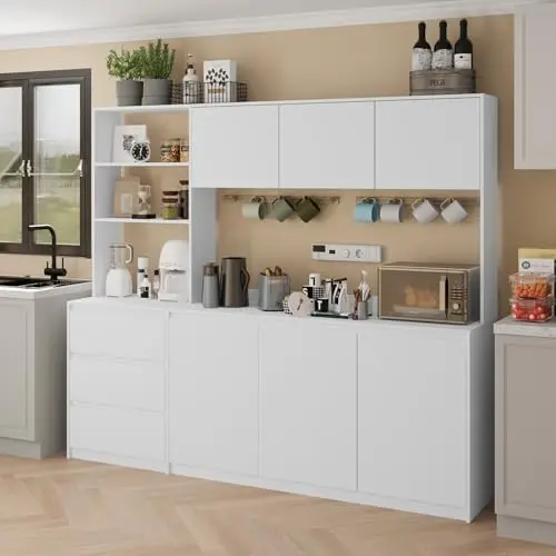 Extra Large Kitchen Pantry with Microwave Shelf, Kitchen Hutch Storage Cabinet with Countertop, Freestanding Countertop