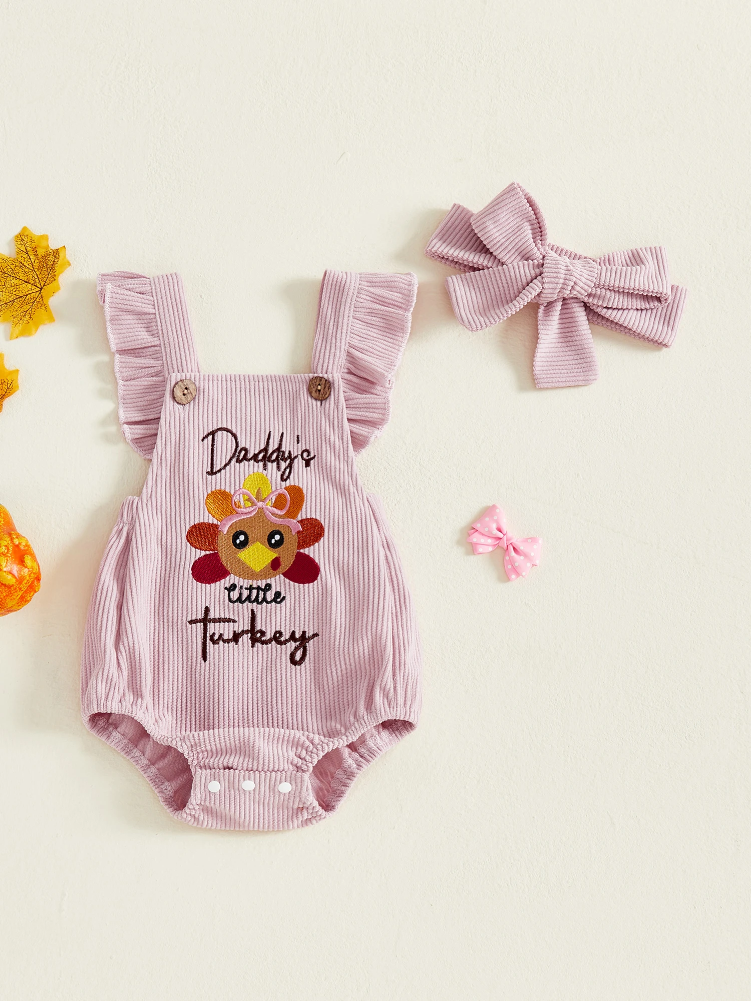 

Adorable Baby Girls Thanksgiving Romper with Turkey Embroidery Corduroy Jumpsuit Flying Sleeves and Matching Headband Set