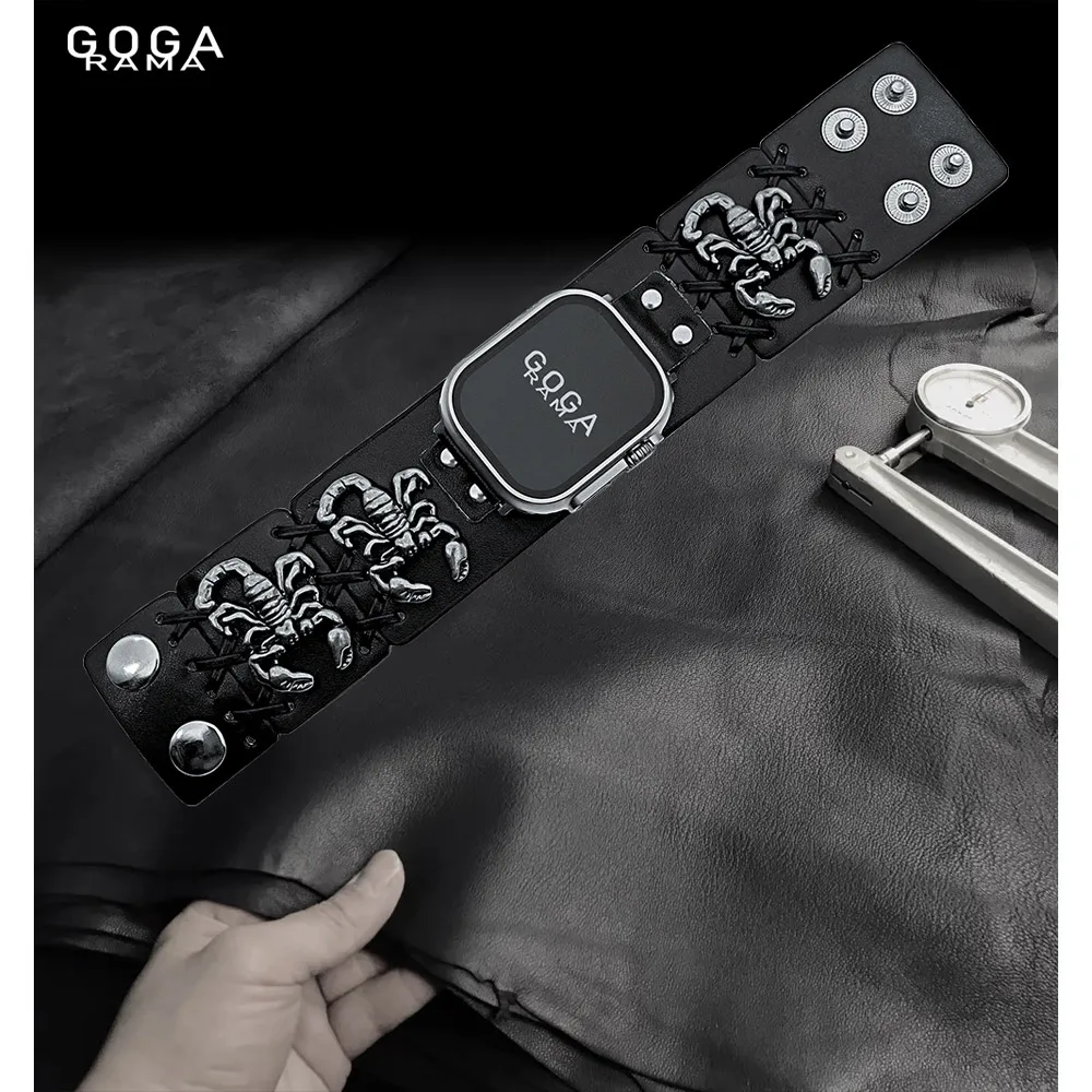 حزام ساعة جلد أسود على شكل عقرب معدني أنيق لساعة أبل 49 ملم 9 8 7 45 ملم 41 ملم لسلسلة IWatch 6 SE 5 4 44 ملم 40 ملم