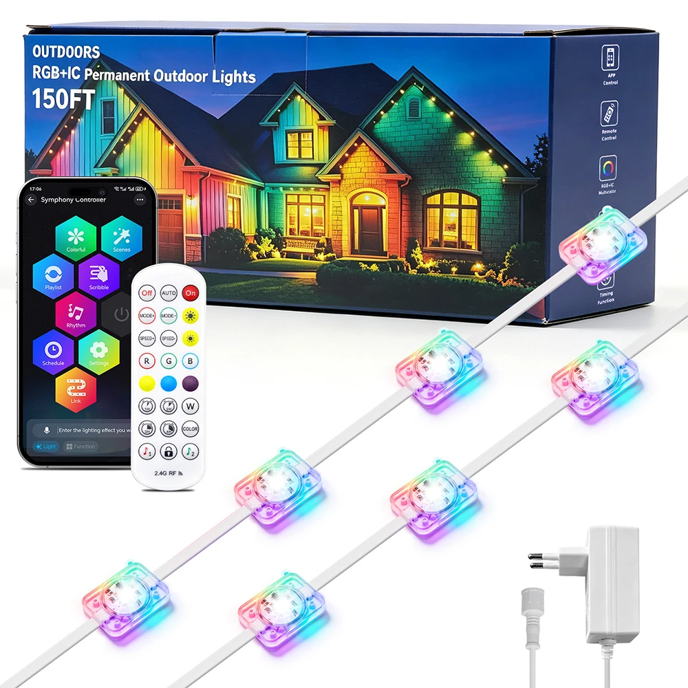 24v-5in1-rgb-ic搭載の屋根裏照明、15m、30m、60m、150m、180mの長さ、bluetoothアプリで制御可能、ip67防水、クリスマスやホリデーシーズンの装飾照明、家庭用。