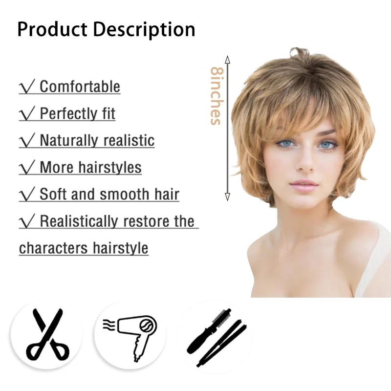 Women's Natural Wavy Short Wig Golden Brown Highlight Layered Bob Air Bangs Easy Care Heat Resistant Synthetic Wig Daily Party