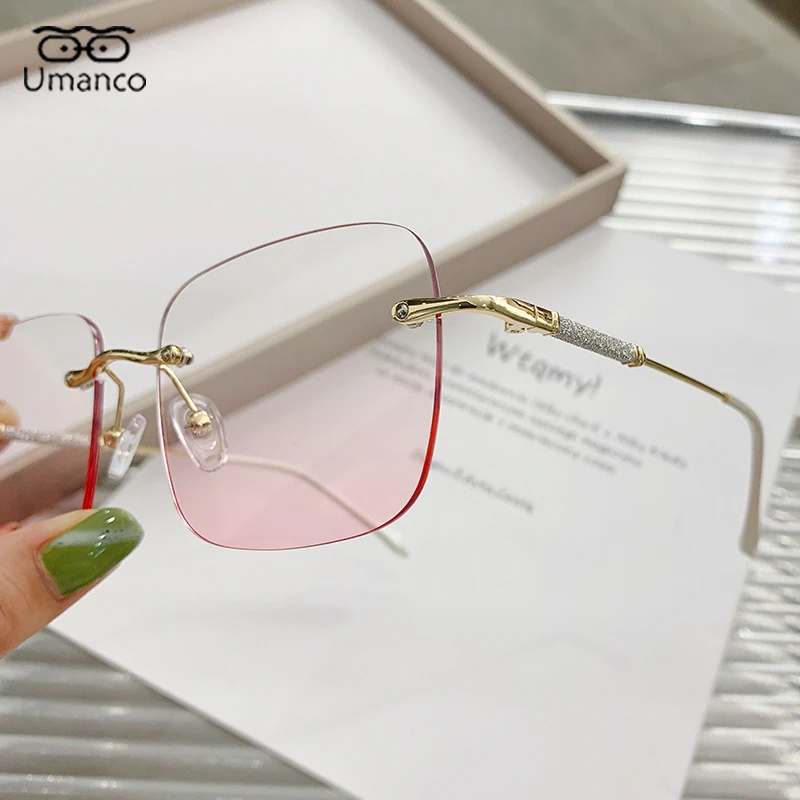 Gradient Pink Lenses Square Rimless Nearsighted Glasses Women Gold Frame Anti Blue Light Computer Glasses Prescription Eyewear