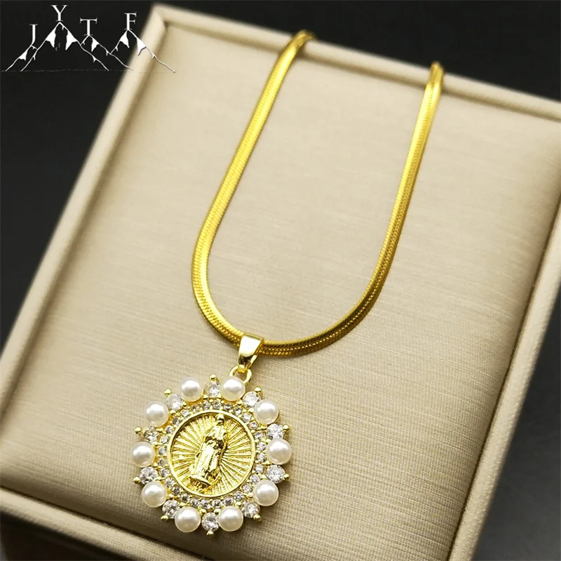 

New Circle Copper Virgin Mary Pendants Charms For Women Men Religious Necklace Stainless Steel Freshwater Pearl Jewelry Gift
