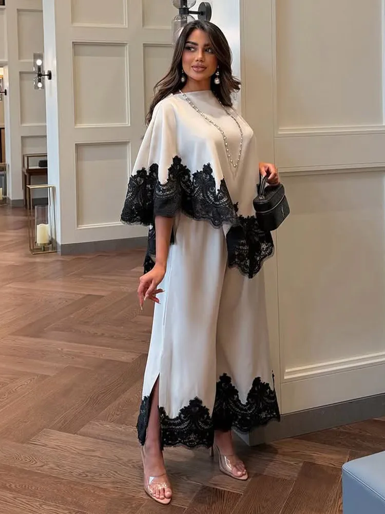 Elegant High Neck Black Lace Patch Two Piece Set  Loose Blouse Split Wide Leg Pants Soft Fabric 2026 Spring Daily Lady Outfits