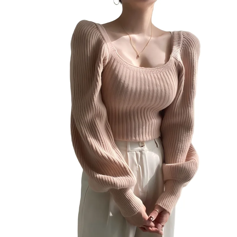 

Korean Square Neck Ribbed Sweater 2025 Women's Pullover Puff Sleeve Bodycon Autumn Curve Flattering Night Out Top Fall Going Out