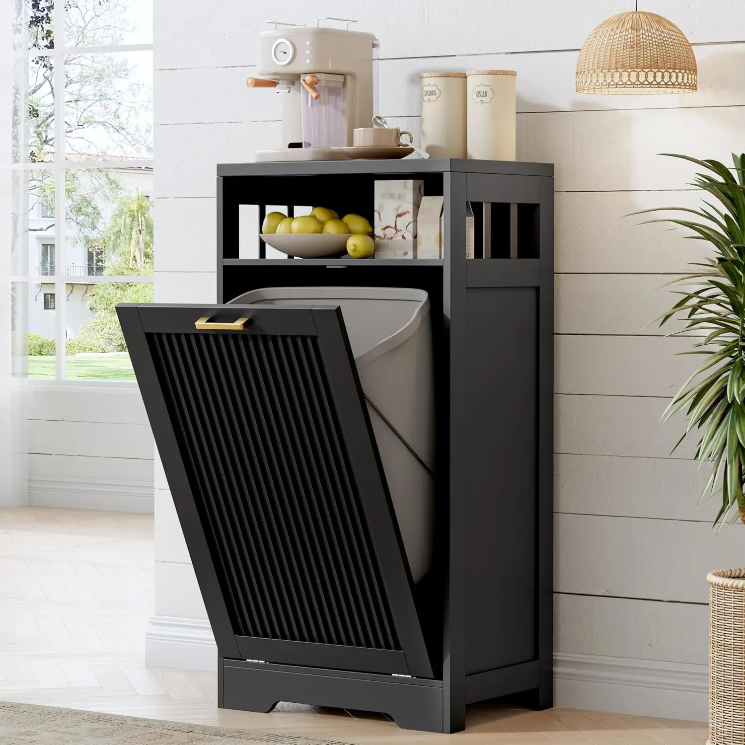 13 Gallon Tilt Out Trash Can Cabinet with Open Shelf & Storage - Pet Proof Hidden Recycling Cabinet & Wooden Laundry Hamper