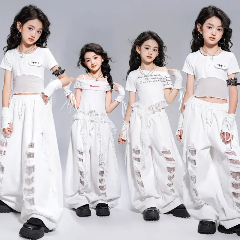 

Детская одежда в стиле K-pop и хип-хоп: белая футболка с кружевной отделкой, повседневные рваные брюки для девочек, костюмы для джазовых танцев