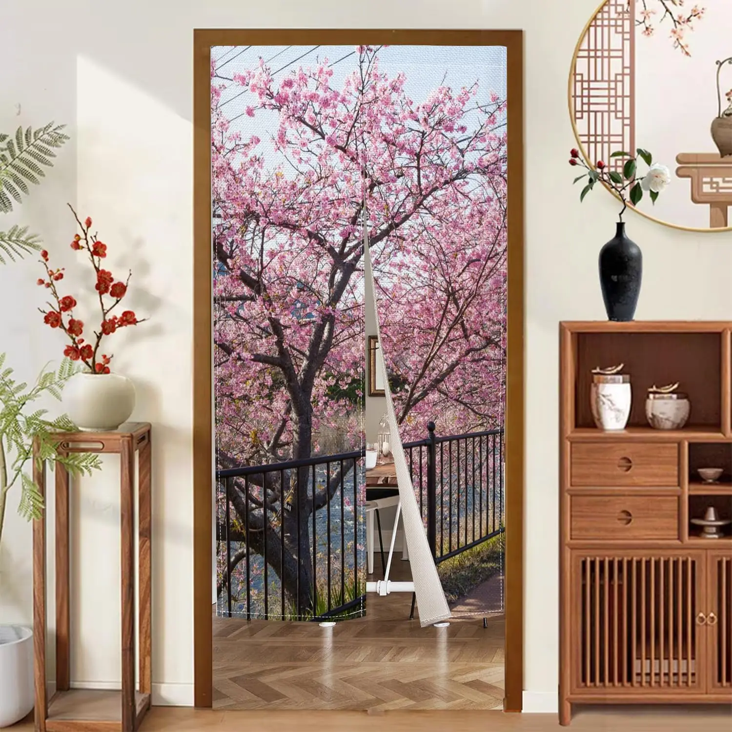 Elegant Japanese Sakura Noren Curtain, Full Bloom Cherry Blossom with River View Pattern, Art Door Curtain for Study Tea Room