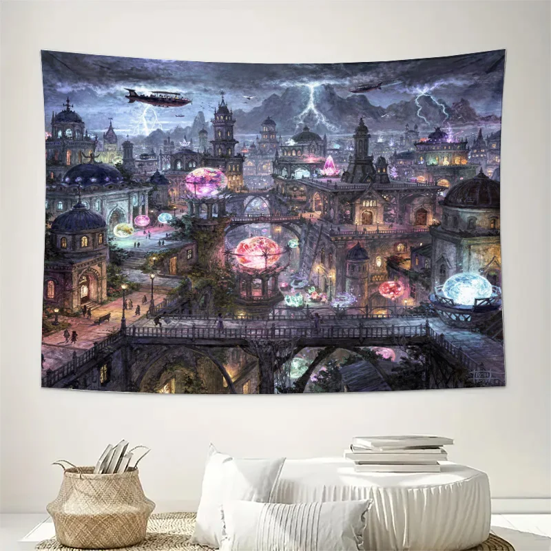Epic Steampunk Fantasy SciFi Cityscape Tapestry Wall Hanging Gothic Neon Skyline Mysterious Dystopian Art Decor for Living Room