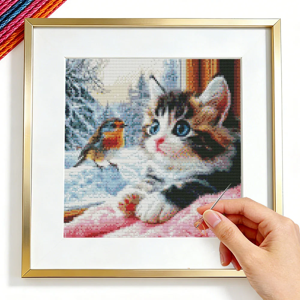Stickerei-Sets Katze Vogel Tier Fenster Handarbeit für Erwachsene zum Basteln DMC-Faden Kreuzstich-Set Winter Schnee 11CT Heimkunstwerk