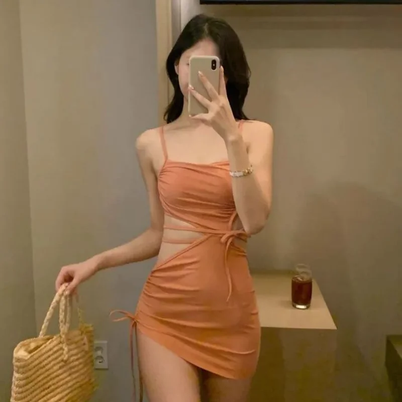 Sexy One Piece Dress Swimsuit Women Cut Out Bathing Suit Swimwear Monokini Bandeau Bathing Suit Korean Padded Beach Wear Orange