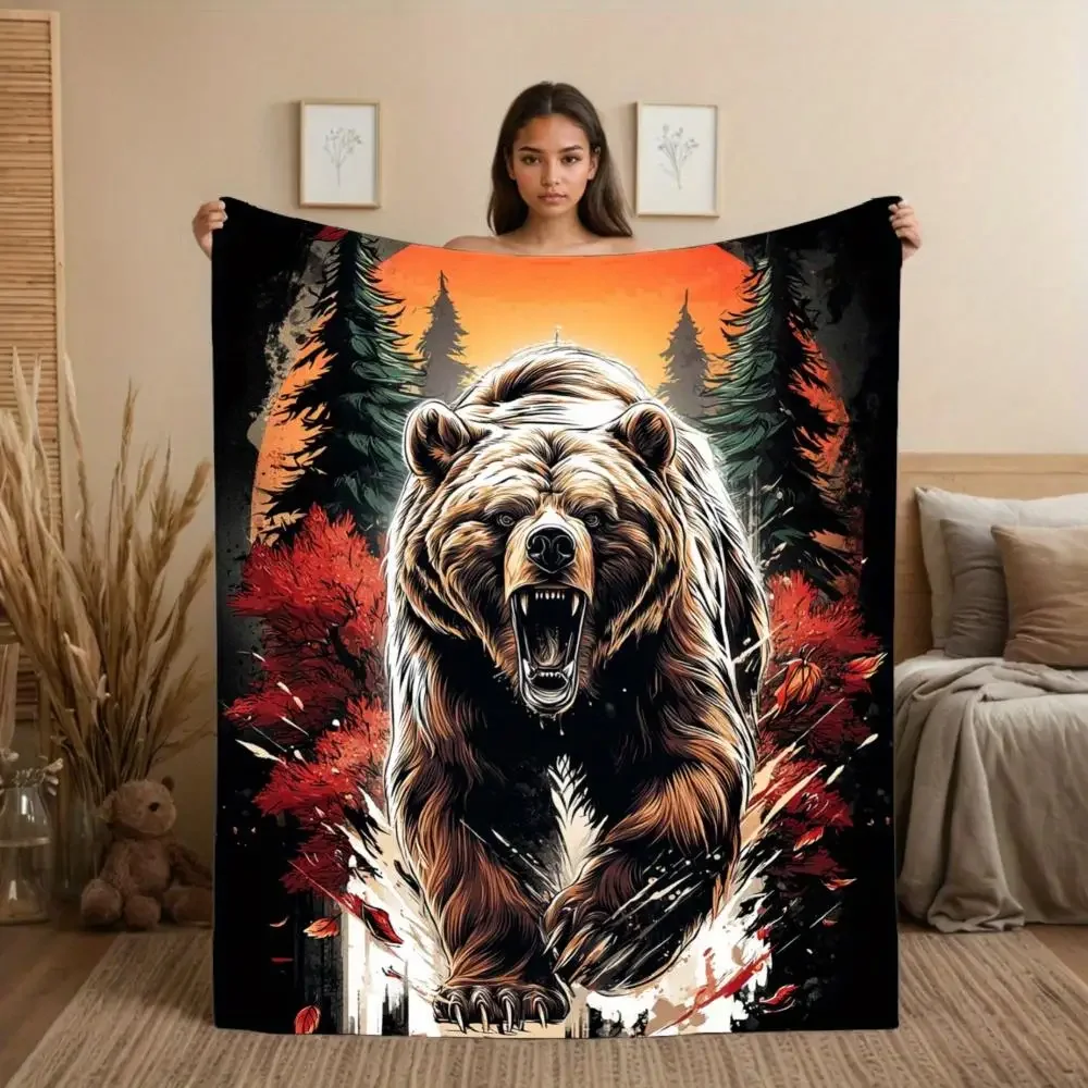 

Cozy Bear Forest Sunset Flannel Throw Blanket with Pine Tree Brown Bear Print in Black Orange Green Yellow and Golden Hues