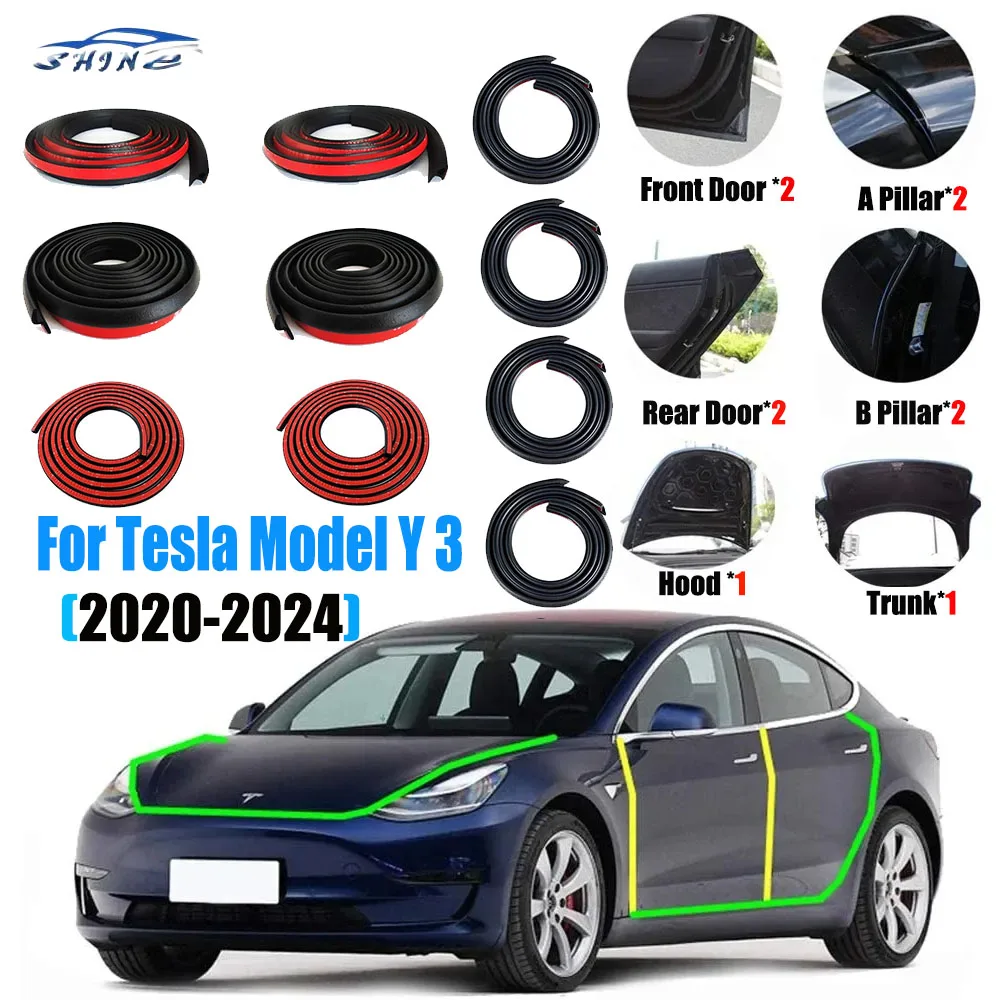 

For Tesla Model 3 Y 2024 Door Seal Strip Kit Soundproof EPDM Rubber Weatherstrip Auto Trunk Hood Sunroof AB Pillar Sealing Set