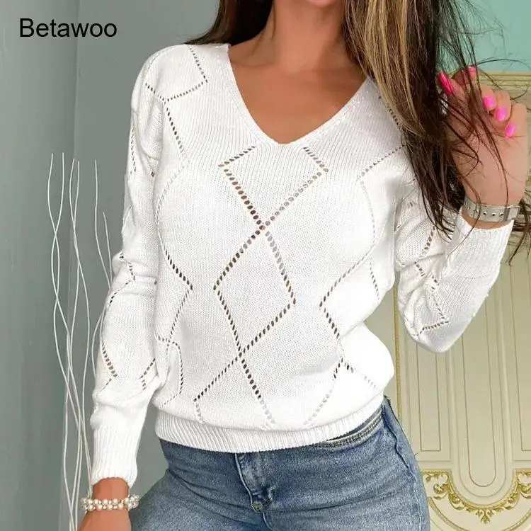 Damen Casual V-Ausschnitt Langarm Strickpullover Locker Sitzender Rautenmuster-Pullover Herbst Winter Mode Jumper