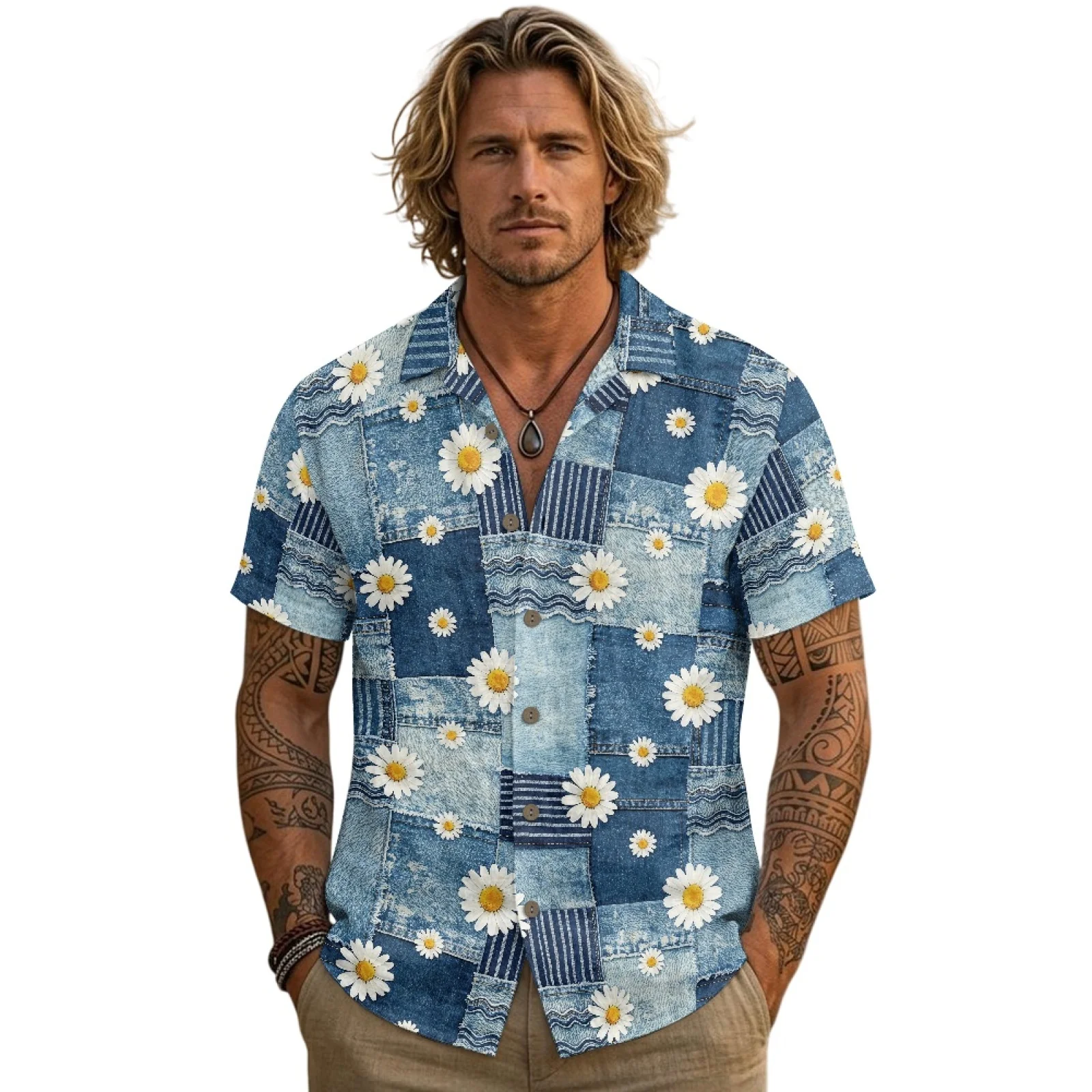 PENSTROLL Denim Patchwork Linen Like Men Short-Sleeved Shirts Mens Button Down Shirts for Male Breathable Male Basic Top
