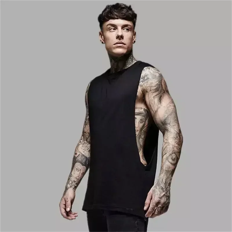 Plain Mens Fitness Sport Clothing Gym Bodybuilding Muscle Tank Tops Cotton Hip-Hop Singlets Extend Cut Off Sleeveless T-shirts